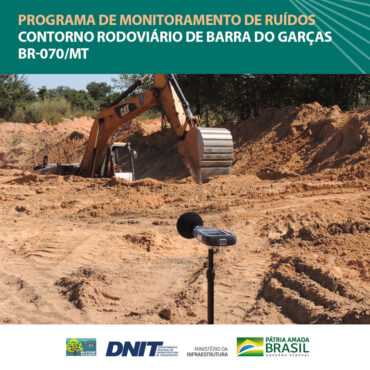 Sonômetro posicionado no trecho em obras, capitando pressão sonora de maquinário ao funcionando ao fundo. Na legenda se lê Programa de Monitoramento de Ruídos Contorno Rodoviário de Barra do Garças, na BR-070/MT